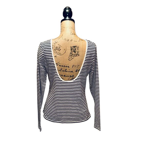 H&M Black & Ivory T-Shirt Plunge Back Striped Size L - Picture 2 of 3
